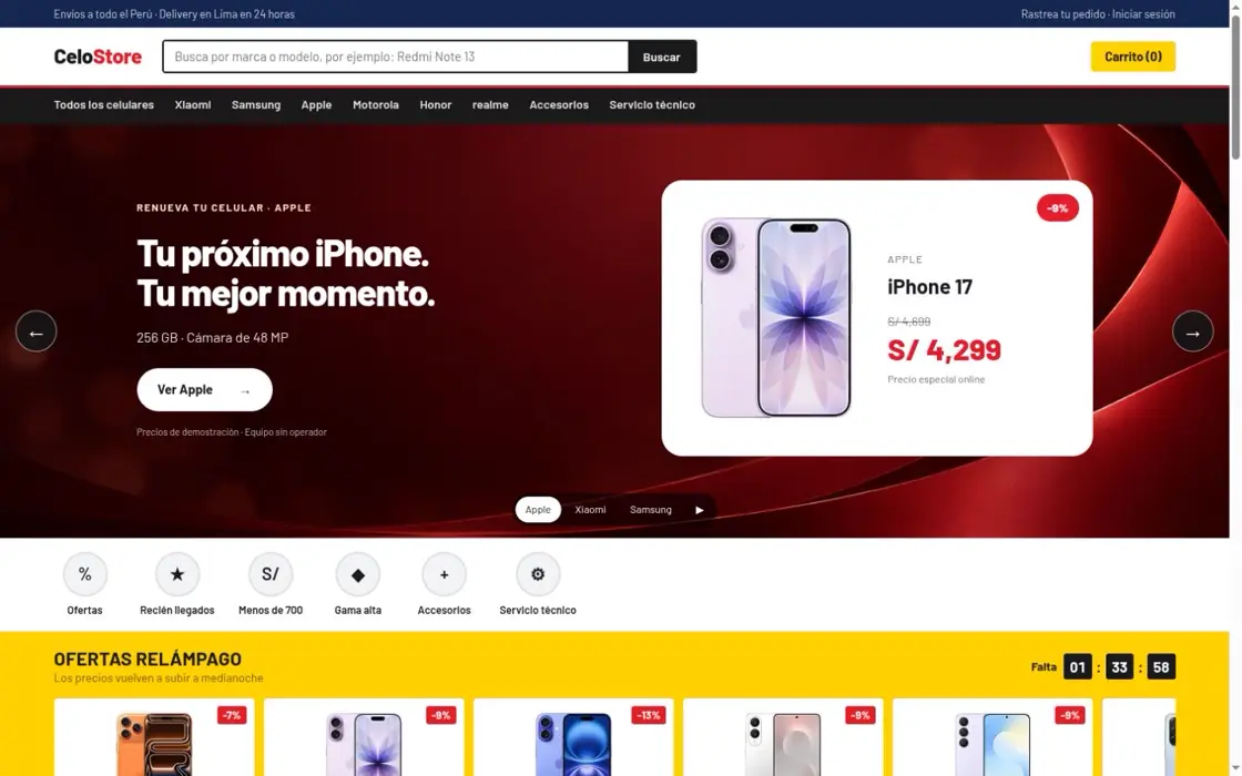 Tienda de celulares con banner de ofertas, filtros laterales y grilla de equipos